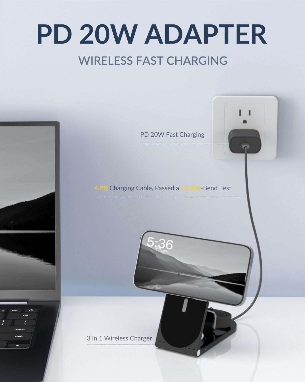 3-In-1 Wireless Charging Station for Apple Magsafe Charger - Black Foldable & Portable Wireless Charger