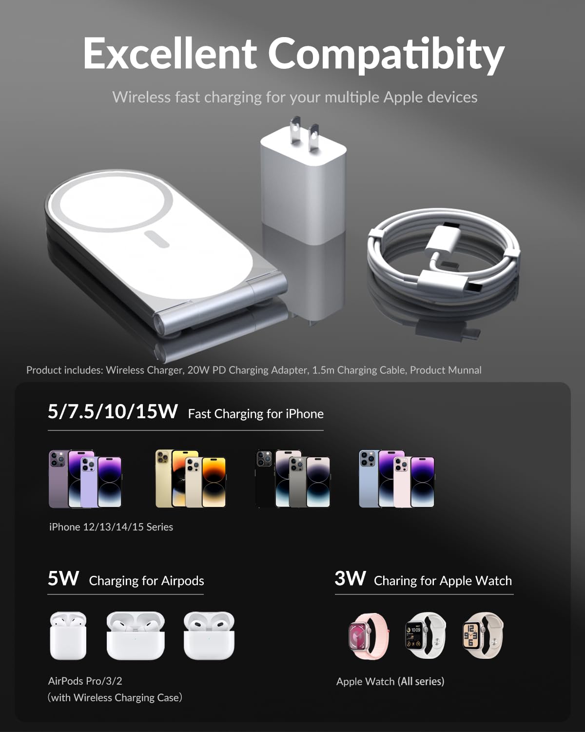 3-In-1 Wireless Charging Station for Apple Magsafe Charger - White Foldable & Portable Wireless Charger
