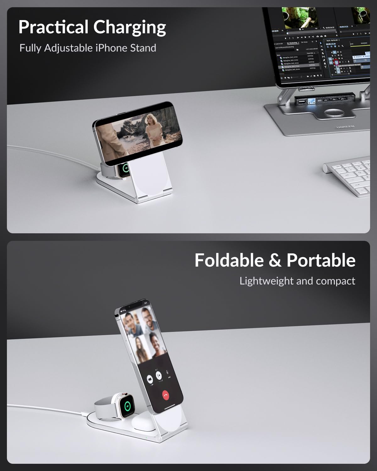 3-In-1 Wireless Charging Station for Apple Magsafe Charger - White Foldable & Portable Wireless Charger