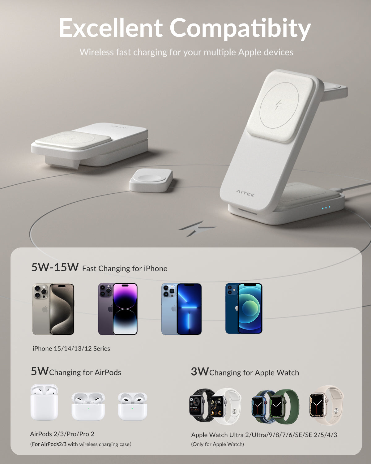 Aitek Wireless Charging Station for Apple, 15W Fast Foldable Travel Charger with 20W Adapter for iPhone Series Apple Watch AirPods